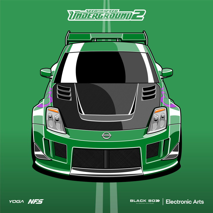 absurdres car commentary copyright_name electronic_arts english_commentary green_background green_car green_theme highres logo motor_vehicle need_for_speed need_for_speed:_underground_2 nissan nissan_350z nissan_fairlady_z spoiler_(automobile) vehicle_focus yogabudiw