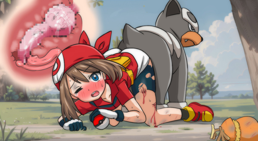 1girl all_fours animal_penis ass-to-ass_penetration bandana bestiality bike_shorts blood blue_eyes blush brown_hair bruise censored clothed_sex commentary creatures_(company) cross-section defeat dog_penis english_commentary game_freak gen_2_pokemon gen_3_pokemon gloves hippo_power houndour injury knotted_penis may_(pokemon) mosaic_censoring nintendo on_ground one_eye_closed open_mouth outdoors penis poke_ball pokemon pokemon_rse pokephilia rape red_bandana red_shirt red_shoes scratches shirt shoes short_sleeves shorts skirt tears torchic torn_clothes torn_shorts vaginal white_skirt