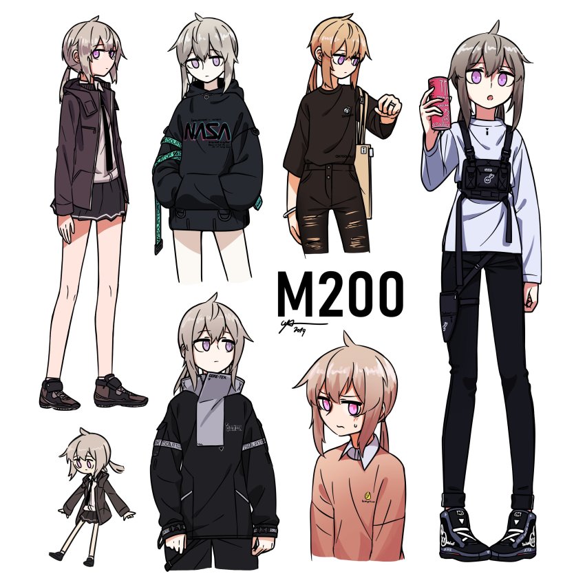 6+girls absurdres alternate_costume alternate_hair_color brown_hair character_name girls&#039;_frontline grey_hair highres hood hoodie long_legs m200_(girls&#039;_frontline) monster_energy multiple_girls multiple_persona nasa neonfloyd pants shoes skirt sneakers sweater tin_can torn_clothes torn_pants