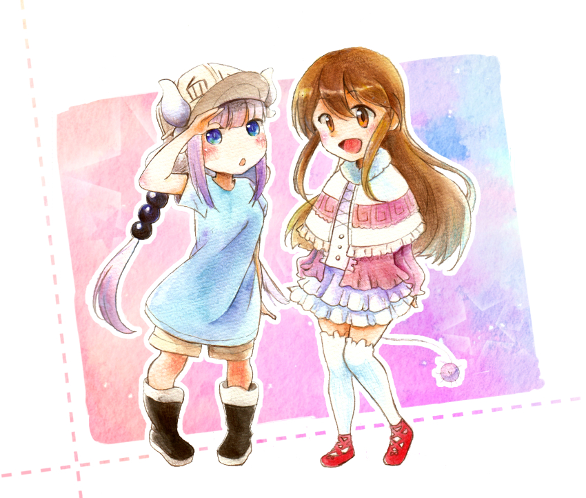 10s 2girls :d baseball_cap blue_eyes blush boots brown_hair chestnut_mouth commentary_request cosplay costume_switch full_body fur_collar hat hataraku_saibou highres horns kanna_kamui kanna_kamui_(cosplay) kindergarten_uniform kobayashi-san_chi_no_maidragon long_hair long_sleeves multicolored_hair multiple_girls naganawa_maria open_mouth painting_(medium) platelet_(hataraku_saibou) platelet_(hataraku_saibou)_(cosplay) pleated_skirt purple_hair short_sleeves shorts skirt smile suiga tail thighhighs traditional_media twintails voice_actor_connection watercolor_(medium) watercolor_pencil_(medium) white_hair