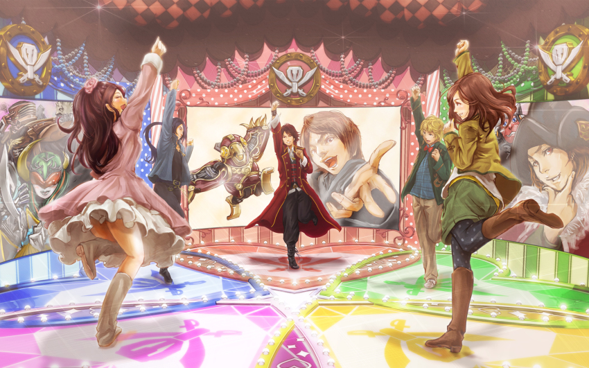 2girls 3boys ahim_de_famille animification arm_up barizorg basco_ta_jolokia blonde_hair boots brown_hair captain_marvelous closed_eyes coat damaras dancing don_dogoier dress goru_(cure_golgom) highres ikari_gai insarn jacket joe_gibken kaizoku_sentai_gokaiger long_hair luka_millfy multiple_boys multiple_girls navi_(gokaiger) pants pantyhose parody precure sally_(gokaiger) shoes smile_precure! standing standing_on_one_leg super_sentai warz_gill