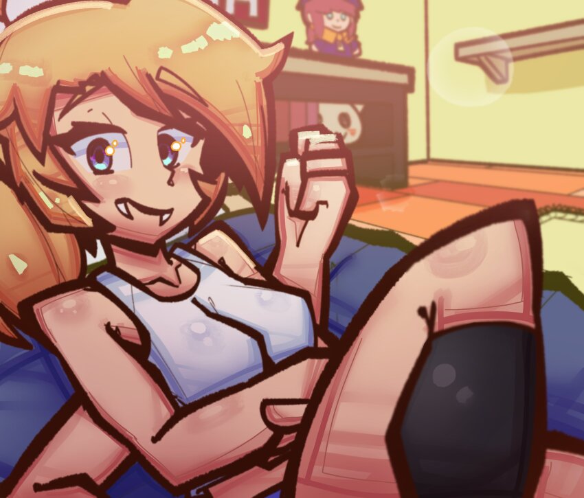 1girl a_hat_in_time absurdres black_socks blonde_hair blue_eyes breasts closed_mouth collarbone commentary_request extra_arms fangs garynousfw hat_kid highres indoors looking_at_viewer nelly_(xyronii) original shirt socks solo spanish_commentary white_shirt