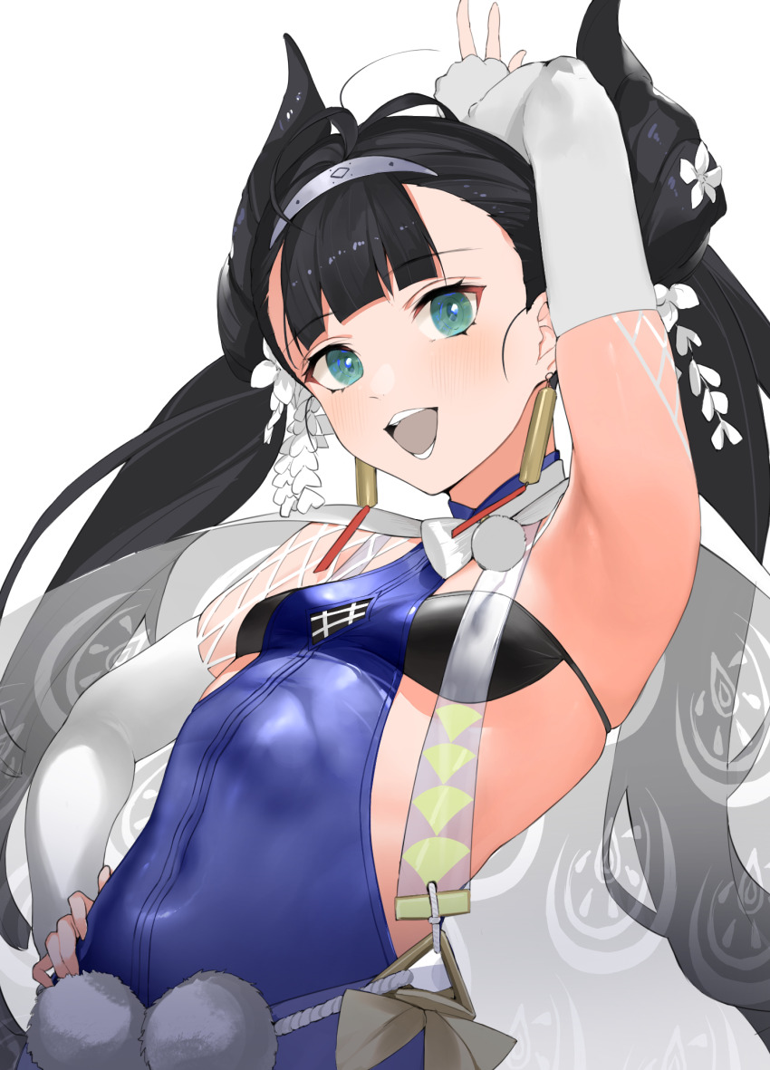 024th 1girl :d antenna_hair arm_up armpits azur_lane black_bra black_hair blue_eyes blush bra covered_navel earrings hand_on_own_hip highres jewelry katsuragi_(azur_lane) long_hair looking_at_viewer open_mouth smile solo twintails underwear upper_body