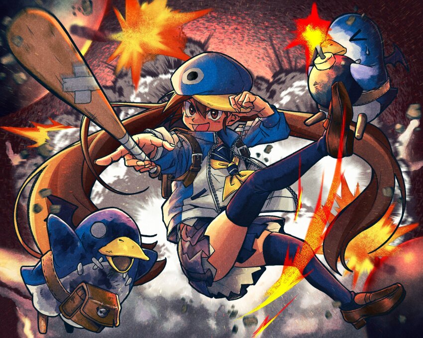 1girl baseball_bat battle_of_blood bomb brown_eyes brown_hair commentary_request disgaea explosion explosive full_body hat highres jacket kazamatsuri_fuuka lit_fuse loafers long_hair makai_senki_disgaea_4 open_mouth penguin_hat prinny school_uniform serafuku shoes skirt smile thighhighs twintails very_long_hair