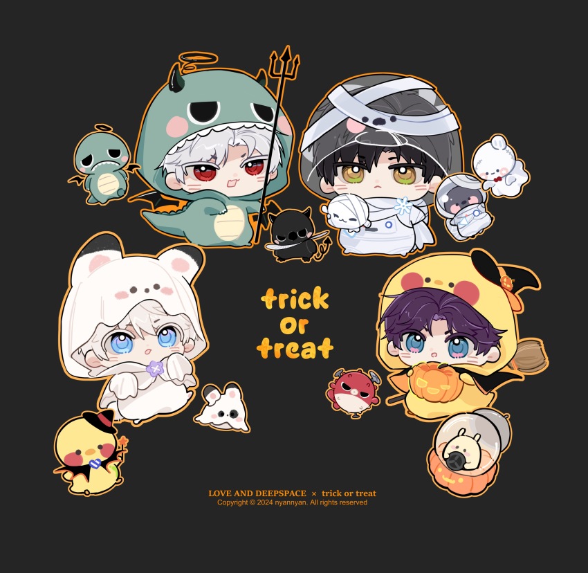 4boys absurdres animal animal_costume animal_ears animal_hood bandaged_arm bandages bird black_background black_bird black_cape black_hair black_halo black_hat black_horns black_wings blue_eyes blush broom cape chibi chicken chicken_costume closed_mouth colored_eyelashes copyright_notice crow demon_horns dinosaur_costume fish full_body ghost ghost_costume ghost_pose halloween halo hat highres holding holding_polearm holding_pumpkin holding_wand holding_weapon hood hood_up horns love_and_deepspace male_focus meiyouren2333 multicolored_eyes multiple_boys open_mouth parted_bangs polearm puffer_fish pumpkin purple_hair rabbit_costume rabbit_ears rafayel_(love_and_deepspace) red_eyes see-through_clothes short_hair standing stuffed_toy sylus_(love_and_deepspace) tail trick_or_treat trident two-sided_cape two-sided_fabric two-tone_eyes wand weapon white_cape white_eyelashes white_hair wings witch_hat xavier_(love_and_deepspace) zayne_(love_and_deepspace)