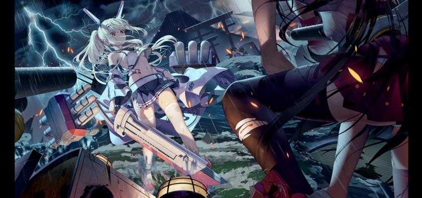 2girls absurdres ascot ayanami_(azur_lane) azur_lane bandaid bandaid_on_arm belt black_thighhighs blue_sailor_collar blue_skirt cloud crop_top dalian_(1457091741) dark_clouds hair_between_eyes headgear high_ponytail highres holding holding_weapon kneeling light_brown_hair lightning multiple_girls nagato_(azur_lane) navel neckerchief orange_eyes outdoors pleated_skirt ponytail sailor_collar skirt solo_focus storm stormy_waters thighhighs torn_clothes torn_thighhighs waves weapon white_belt white_thighhighs yellow_ascot yellow_neckerchief