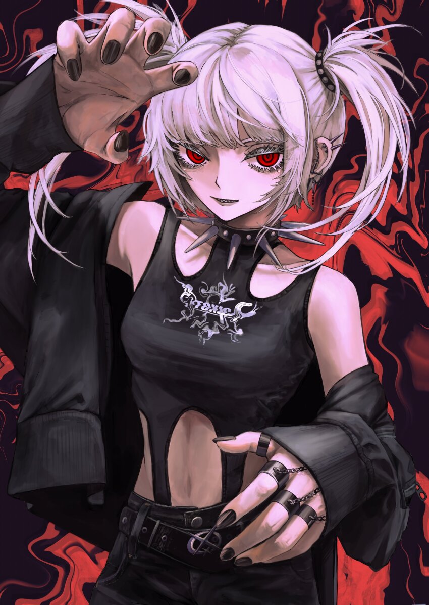 1girl absurdres bare_shoulders belt black_belt black_collar black_jacket black_nails black_pants black_scrunchie black_shirt breasts clothes_pull collar collarbone commentary cross cross_earrings denim ear_chain ear_piercing earrings english_commentary eyelashes goth_fashion highres jacket jacket_pull jeans jewelry looking_at_viewer lui_n24 medium_hair midriff multiple_rings navel off-shoulder_shirt off_shoulder open_clothes open_jacket original pants parted_lips paw_pose piercing print_shirt purple_background red_background red_eyes ring ringed_eyes scrunchie sharp_teeth shirt small_breasts solo spiked_collar spikes teeth twintails upper_body white_hair