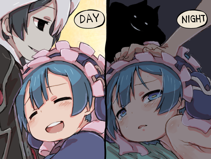 1girl 2boys bed_sheet black_eyes black_hair blue_background blue_eyes blue_hair closed_eyes english_text hair_between_eyes hand_on_another&#039;s_head hashtag-only_commentary highres hug implied_rape looking_at_another made_in_abyss maid maid_headdress maruruk multicolored_hair multiple_boys open_mouth ozen short_hair shota smile streaked_hair tears teeth topless_male trap upper_teeth_only white_hair ximu_shilang yellow_background yellow_pupils