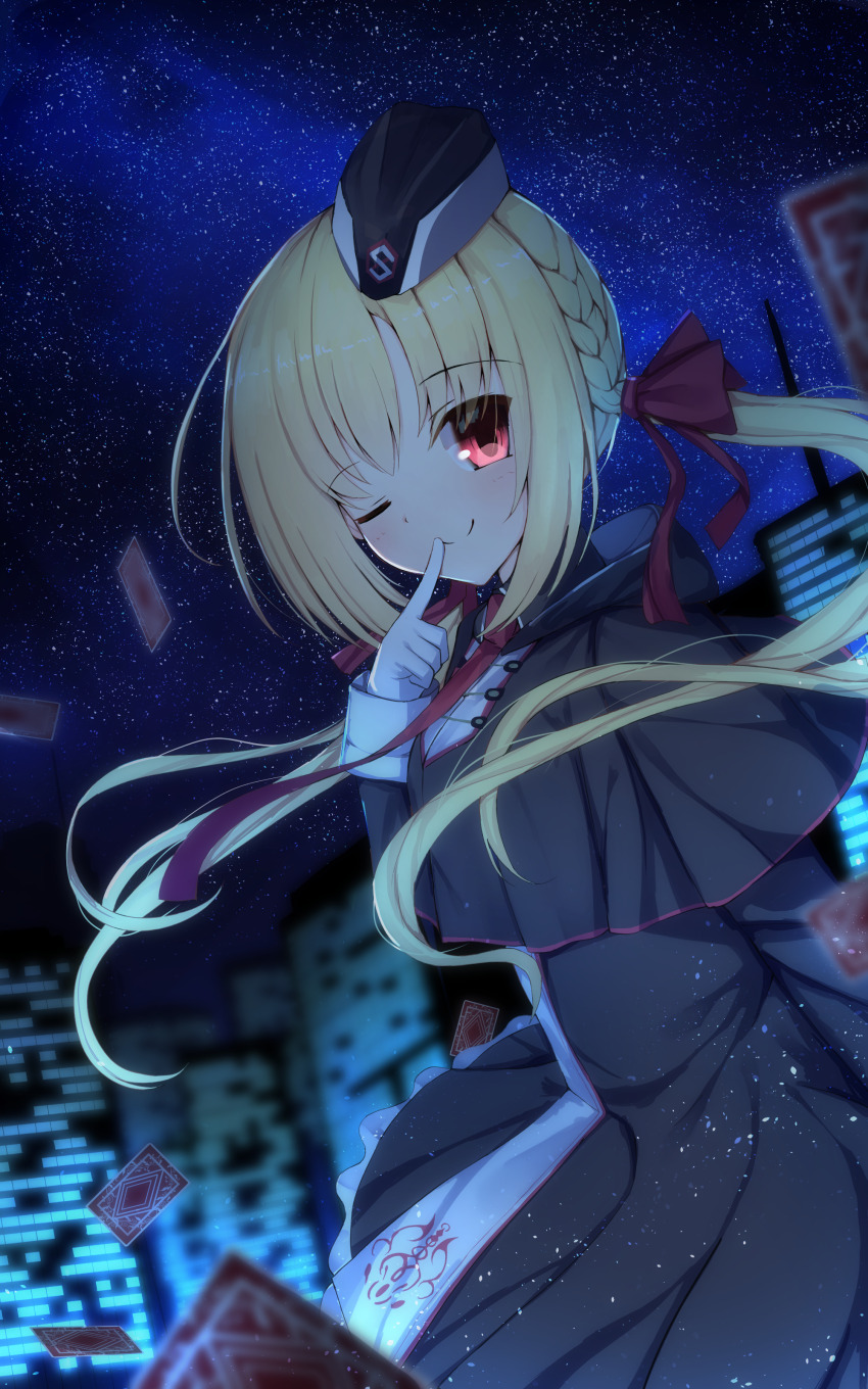 1girl absurdres arihara_nanami beret black_capelet blonde_hair blush bow braid capelet card cityscape closed_mouth finger_to_mouth frilled_skirt frills gloves hair_between_eyes hand_up hat highres hood long_hair long_sleeves looking_at_viewer military military_uniform night nodoameyatou red_bow red_eyes red_ribbon ribbon riddle_joker side_braids skirt smile solo sparkle spy standing star_(sky) twin_braids twintails white_gloves
