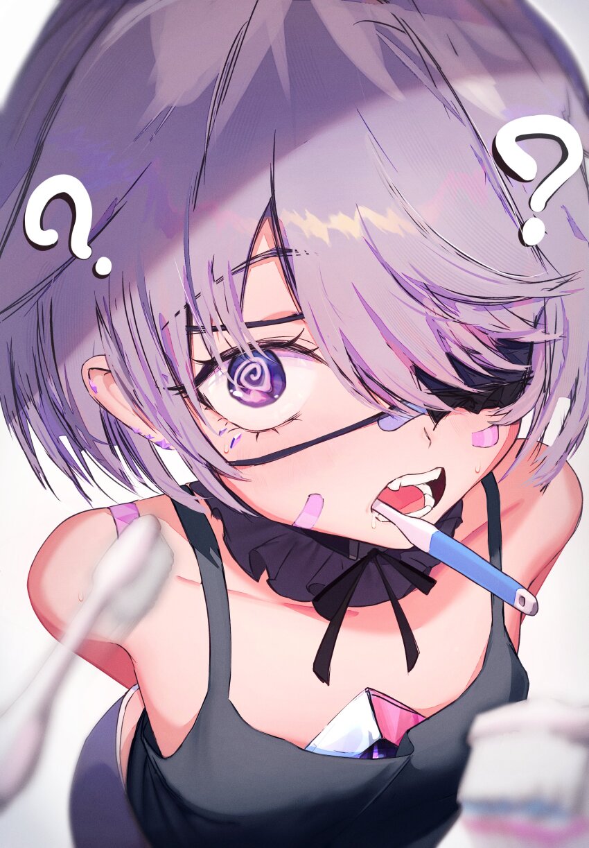 1girl ? @_@ absurdres arms_behind_back bandaid bandaid_on_cheek bandaid_on_face bandaid_on_nose black_tank_top chest_jewel commentary detached_collar eyepatch getto grey_hair highres hololive hololive_english jewel_under_eye koseki_bijou koseki_bijou_(casual) looking_at_viewer purple_eyes short_hair solo symbol-only_commentary tank_top toothbrush toothbrush_in_mouth virtual_youtuber