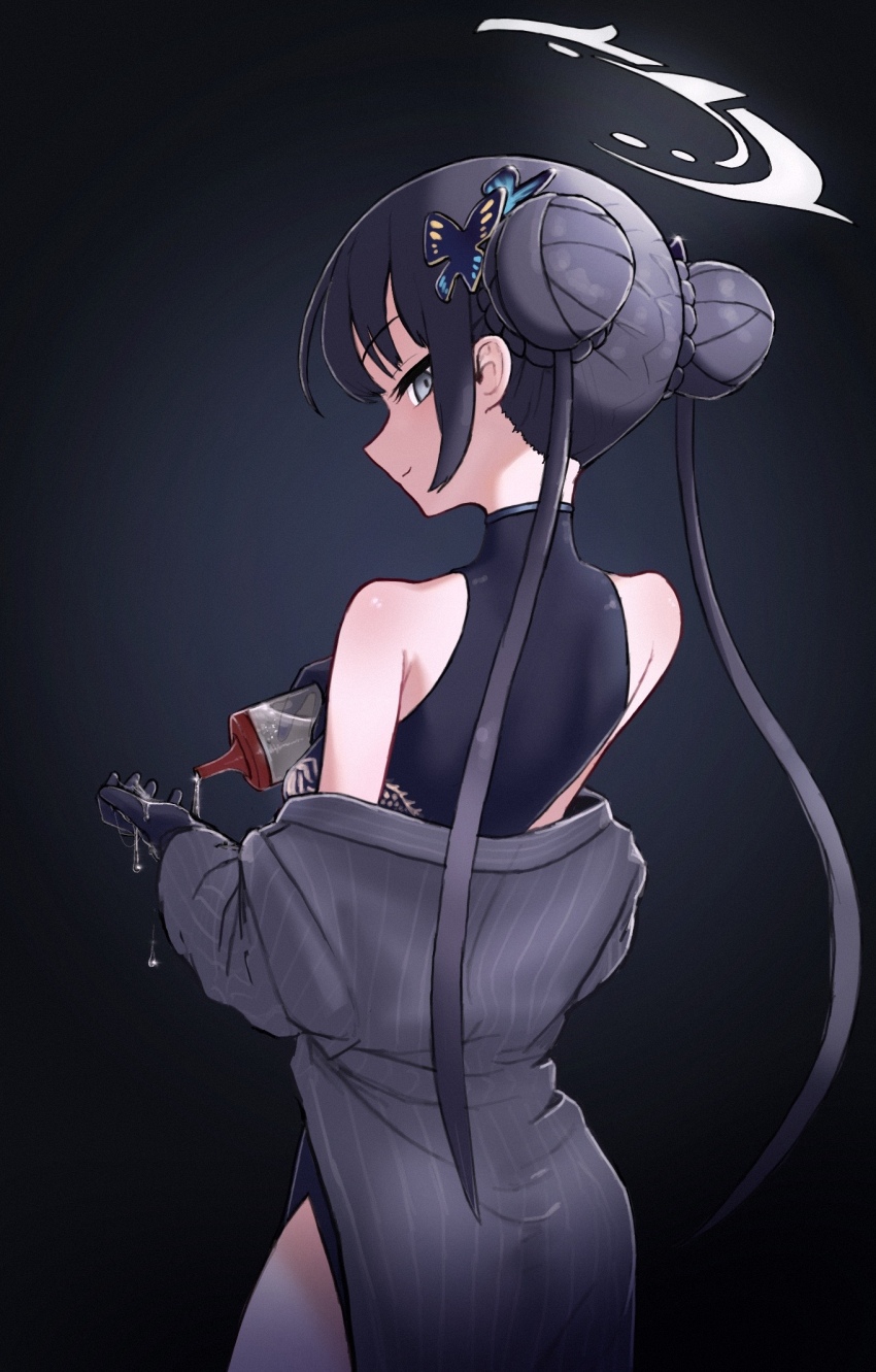 1girl bare_shoulders black_background black_dress black_gloves black_hair blue_archive butterfly_hair_ornament chinese_clothes closed_mouth coat cowboy_shot double_bun dress from_behind gloves gradient_background grey_coat grey_eyes hair_bun hair_ornament halo highres holding kisaki_(blue_archive) long_hair long_sleeves looking_at_viewer looking_back lube mildt off_shoulder open_clothes open_coat smile smug solo twintails