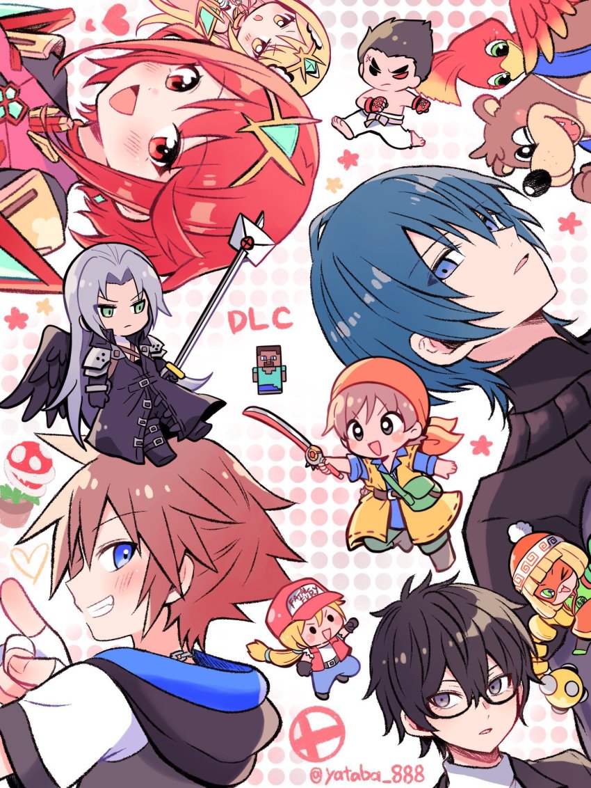 amamiya_ren armor arms_(game) banjo-kazooie banjo_(banjo-kazooie) baseball_cap beanie bird black_hair blonde_hair blue_eyes breasts brown_hair male_byleth_(fire_emblem) chest_jewel domino_mask dragon_quest dragon_quest_viii earrings fatal_fury fatal_fury_cap final_fantasy final_fantasy_vii final_fantasy_vii_advent_children fingerless_gloves fire_emblem fire_emblem:_three_houses food glasses gloves green_eyes hair_between_eyes hat headpiece hero_(dq8) highres holding hood jacket jewelry kazooie_(banjo-kazooie) kingdom_hearts knit_hat large_breasts long_hair looking_at_viewer male_focus mario_(series) masamune_(ff7) mask megawatt_(arms) min_min_(arms) minecraft mishima_kazuya multiple_boys muscular mythra_(xenoblade) necklace nintendo noodles one_eye_closed open_mouth pants persona persona_5 piranha_plant ponytail pyra_(xenoblade) red_eyes red_hair red_shorts scar school_uniform sephiroth short_hair shorts shoulder_armor shuujin_academy_school_uniform simple_background smile sora_(kingdom_hearts) spiked_hair steve_(minecraft) super_smash_bros. swept_bangs sword tekken terry_bogard the_king_of_fighters tiara topless_male very_long_hair weapon xenoblade_chronicles_(series) xenoblade_chronicles_2 yataba