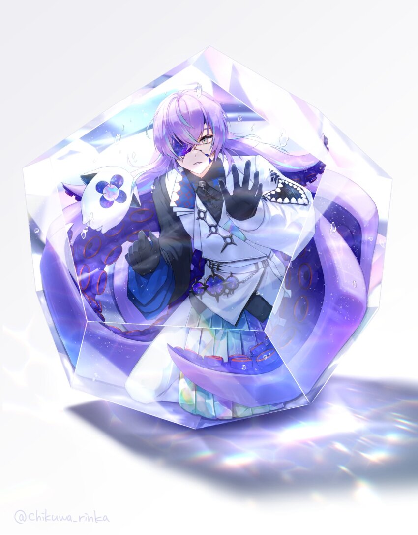 1boy air_bubble aqua_eyes asymmetrical_sleeves black_gloves black_shirt bubble chain chikuwa_(rinka) collared_shirt cracked_skin creature crossed_bangs crystal encasement extra_teeth full_body galaxy gloves hair_between_eyes highres hollow_body holographic_clothing hoshirube_sho hoshirube_sho_(1st_costume) jacket kneeling long_hair long_sleeves looking_at_viewer male_focus multicolored_hair nijisanji one-eyed pants pants_under_skirt parted_lips purple_hair refraction shadow shirt simple_background single_sleeve solo streaked_hair tentacle_hair tentacles twitter_username virtual_youtuber white_background white_jacket white_pants