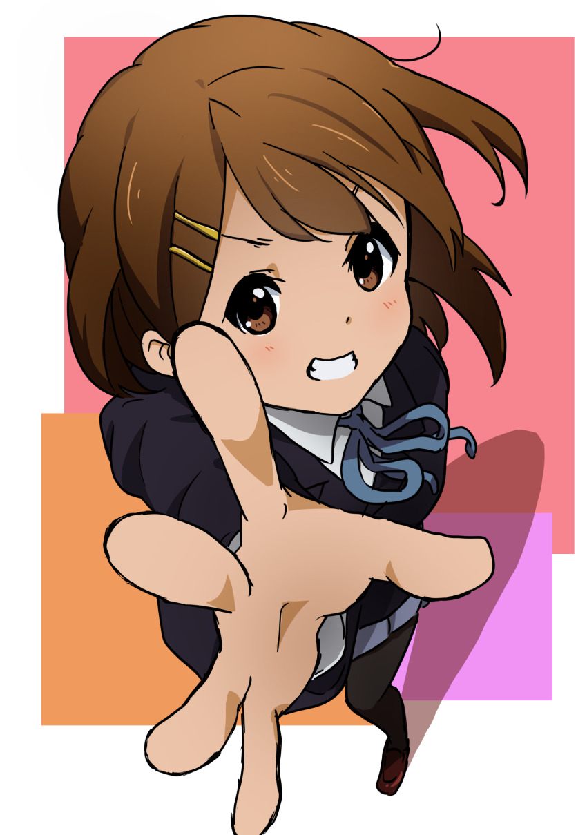 1girl absurdres black_pantyhose brown_hair clenched_teeth from_above grin hair_ornament hairpin highres hirasawa_yui k-on! kicchi_(tmgk) light_blush looking_at_viewer medium_hair multiple_hairpins pantyhose reaching reaching_towards_viewer sakuragaoka_high_school_uniform school_uniform smile teeth