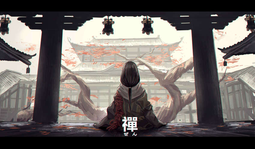1girl absurdres architecture black_hair building commentary divine_child_of_rejuvenation east_asian_architecture facing_away from_behind highres japanese_clothes kimono leaf letterboxed long_hair long_sleeves outdoors pillar ponytail qi==qi scenery sekiro:_shadows_die_twice sitting solo translation_request tree