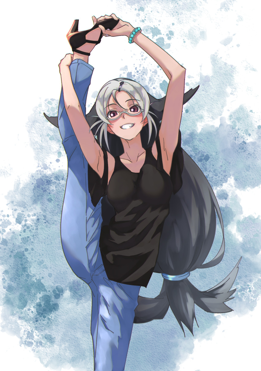 1girl armpits arms_up black_footwear black_tank_top blue_pants bracelet breasts brown_eyes california_sea_lion_(kemono_friends) flexible glasses grey_hair grin hair_ornament hairclip hand_on_own_foot hand_on_own_leg high_heels highres jewelry kemono_friends kemono_friends_2 kemono_friends_3 leg_up long_hair looking_at_viewer low-tied_long_hair medium_breasts meme multicolored_hair official_alternate_costume pants semi-rimless_eyewear smile solo split standing standing_on_one_leg standing_split tanabe_(fueisei) tank_top under-rim_eyewear white-framed_eyewear white_hair
