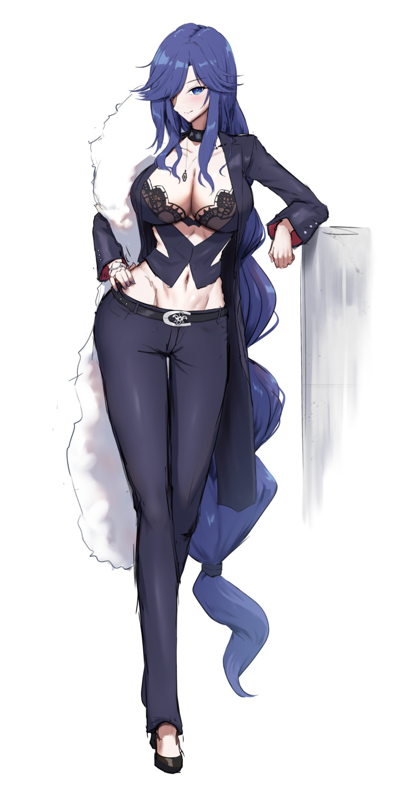 1girl absurdly_long_hair absurdres alternate_breast_size azur_lane belt biloxi_(azur_lane) biloxi_(empress_in_the_silk_seat)_(azur_lane) black_belt black_bra black_choker black_footwear blue_eyes blue_hair blue_jacket blue_pants bra bra_peek braid breasts business_suit choker cleavage contrapposto crossed_legs dark_blue_hair feather_boa formal_clothes full_body hair_over_one_eye hand_on_own_hip highres jacket lace lace-trimmed_bra lace_trim large_breasts long_hair long_sleeves looking_at_viewer low-tied_long_hair midriff navel pants shiroshisu simple_background single_braid solo standing suit underwear very_long_hair white_background