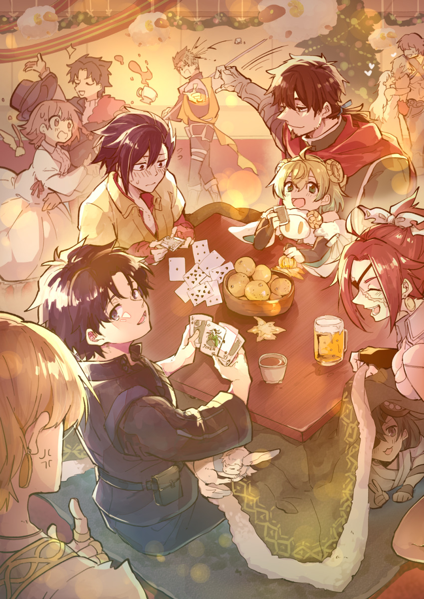 4girls 6+boys :3 ace_(playing_card) ace_of_diamonds achilles_(fate) alcohol anger_vein apollo_(fate) arm_hug armor bag bamboo_steamer beer black_hair black_jacket black_pants blue_ribbon blush brown_hair cape card character_request charlotte_corday_(fate) charlotte_corday_(third_ascension)_(fate) christmas_tree closed_eyes closed_mouth cup detached_sleeves diamond_(shape) dress earrings eyepatch facial_hair fate/grand_order fate_(series) fingerless_gloves five_of_hearts food fou_(fate) francis_drake_(fate) fruit fujimaru_ritsuka_(male) gilgamesh_(fate) gloves goatee green_hair hair_between_eyes hat heart hector_(fate) heracles_(fate) highres holding holding_card jacket jewelry joker_(playing_card) king_(playing_card) king_of_clubs kotatsu long_sleeves lower_teeth_only mandricardo_(fate) mochizuki_chiyome_(fate) multiple_boys multiple_girls open_mouth orange_(fruit) orange_cloak pants paris_(fate) playing_card pointy_ears red_cape ribbon satchel scar scar_on_face sheep short_hair sitting six_of_diamonds spilling sweatdrop table teacup teeth ten_of_hearts throwing tumikilondon5 two_of_spades under_covers v white_dress