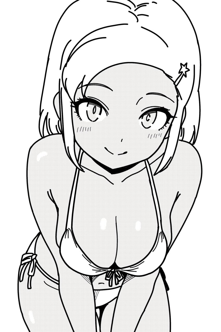 1girl angol_mois artist_request breasts cleavage closed_mouth greyscale hair_ornament hairclip highres keroro_gunsou looking_at_viewer monochrome navel short_hair simple_background smile solo white_background