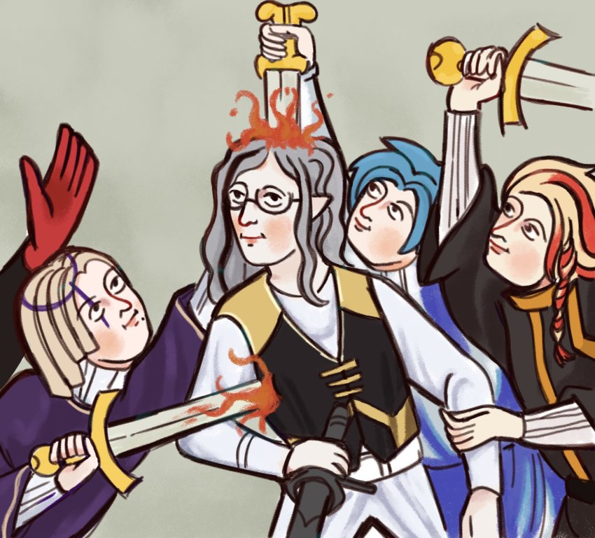 4boys axel_syrios black-framed_eyewear blonde_hair blood blue_hair fine_art_parody fire glasses gloves grey_background grey_hair hair_ornament hand_on_another&#039;s_arm highres holding holding_sword holding_weapon holostars holostars_english holotempus long_sleeves looking_at_another looking_up magni_dezmond male_focus medieval mole mole_under_mouth multicolored_hair multiple_boys noir_vesper noir_vesper_(old_design) outstretched_arm parody pie_(aipiepo) purple_shirt red_gloves red_hair regis_altare semi-rimless_eyewear shirt simple_background smile stab streaked_hair sword tunic under-rim_eyewear upper_body vest virtual_youtuber weapon white_shirt