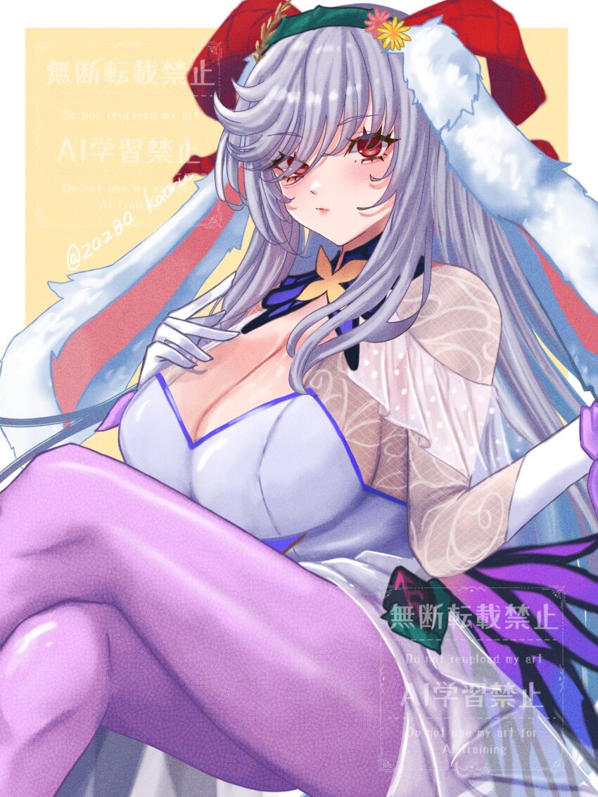 1girl animal_ears breasts cleavage crossed_legs fire_emblem fire_emblem_heroes freyja_(fire_emblem) freyja_(spring)_(fire_emblem) gloves goat_horns hairband halterneck hand_on_own_chest highres horns large_breasts long_hair nintendo official_alternate_costume purple_thighhighs rabbit_ears red_eyes sitting solo thighhighs white_gloves white_hair zqzbq