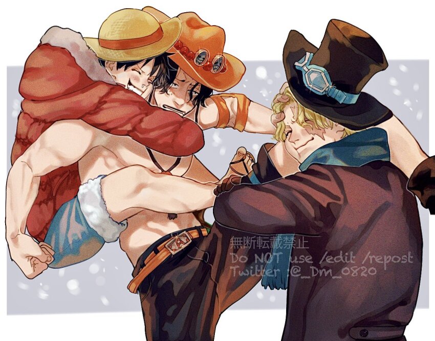 3boys :d belt black_hair black_hat black_jacket black_shorts blonde_hair blue_scarf blue_shorts brothers brown_gloves closed_eyes closed_mouth dm_0820 elbow_pads freckles fur-trimmed_jacket fur-trimmed_shorts fur_trim gloves hat hood hooded_jacket hug hug_from_behind hugging_another&#039;s_leg jacket looking_at_another male_focus monkey_d._luffy multiple_boys one_piece open_mouth orange_belt orange_hat portgas_d._ace red_jacket sabo_(one_piece) sandals scar scar_across_eye scar_on_face scarf short_hair shorts siblings single_elbow_pad smile snot top_hat topless_male watermark