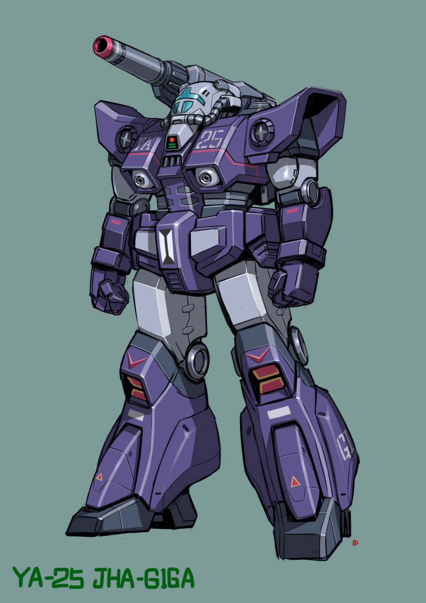 absurdres armor cable character_name clenched_hands commentary commentary_request energy_cannon highres lights mecha megaro_zamac mercy_rabbit original radio_antenna retro_artstyle robot science_fiction sensor shoulder_armor shoulder_cannon signature simple_background solo ya-25_jha-giga