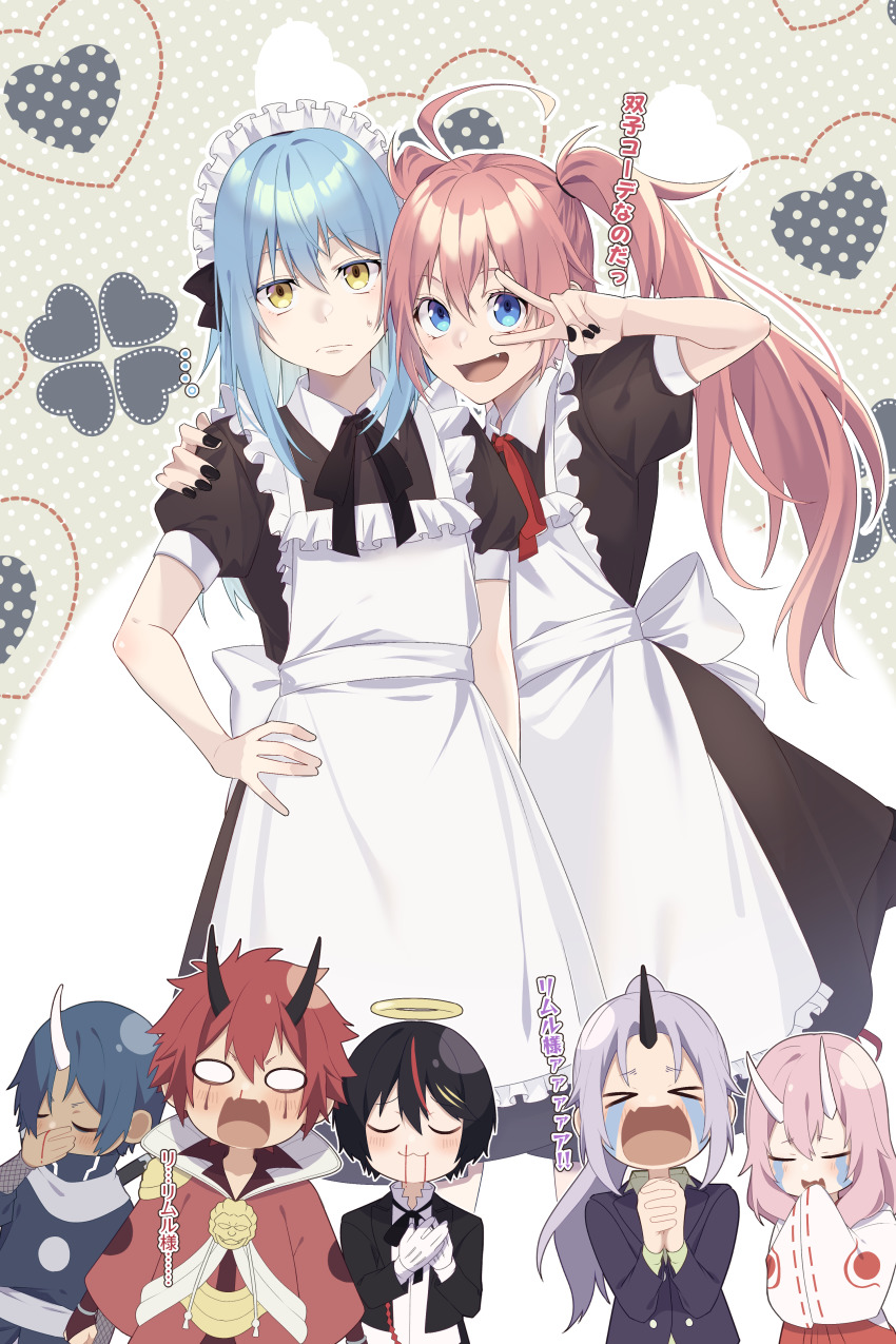 &gt;_&lt; 1other 3boys 3girls :3 absurdres ahoge alternate_costume androgynous apron benimaru_(tensura) black_nails black_ribbon blood blood_from_mouth blue_eyes blue_hair brother_and_sister closed_eyes collared_shirt commentary_request crying dark-skinned_male dark_blue_hair dark_skin diablo_(tensura) enmaided fang frilled_apron frills gloves halo hand_on_another&#039;s_shoulder hand_on_own_hip highres horns japanese_clothes long_hair long_sleeves looking_at_viewer maid maid_apron maid_headdress medium_hair milim_nava multicolored_hair multiple_boys multiple_girls nail_polish neck_ribbon nosebleed oni oni_horns own_hands_clasped own_hands_together pink_hair ponytail puffy_short_sleeves puffy_sleeves purple_hair red_hair red_ribbon ribbon ribbon-trimmed_sleeves ribbon_trim rimuru_tempest shion_(tensura) shirt short_sleeves shuna_(tensura) siblings single_horn skin_fang solid_oval_eyes soei_(tensura) ss023xx streaked_hair sweatdrop tensei_shitara_slime_datta_ken translation_request two_side_up v v_over_eye white_apron white_gloves white_shirt wide_sleeves wing_collar ||/
