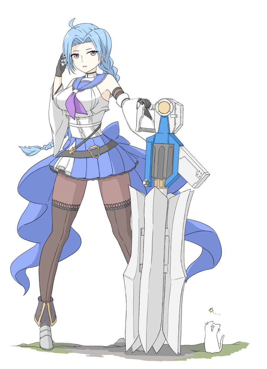 1girl :3 absurdres ahoge animal armored_boots assault_lily bare_shoulders belt black_belt black_gloves blue_hair blue_sailor_collar blue_skirt boots braid braided_ponytail breasts brown_pantyhose brown_thighhighs bug butterfly cat commentary crop_top detached_sleeves fingerless_gloves full_body gloves grey_boots hand_in_own_hair hands_up highres igusa_subaru insect layered_sleeves light_smile long_hair long_sleeves looking_at_viewer low_ponytail medium_breasts miniskirt motion_lines odaiba_girls_high_school_uniform pantyhose parted_bangs parted_lips planted pleated_skirt ponytail purple_eyes sailor_collar school_uniform serafuku shirt simple_background single_braid skirt sleeveless sleeveless_shirt solo thighhighs thighhighs_over_pantyhose tsukimizake undershirt very_long_hair waist_cape weapon white_background white_shirt wide_sleeves yellow_butterfly
