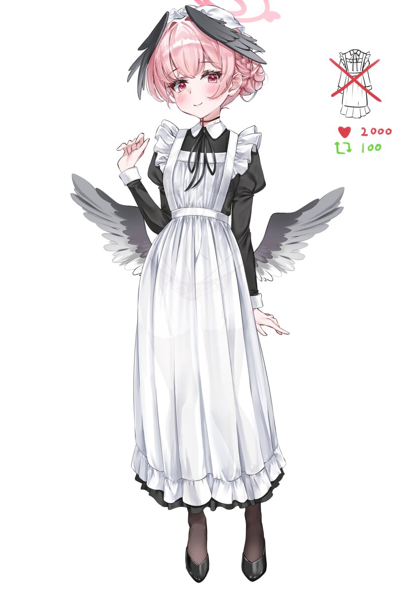 1girl :3 absurdres alternate_costume alternate_hairstyle apron arm_at_side black_dress black_ribbon black_wings blue_archive blush bun_cover closed_mouth commentary dress enmaided feathered_wings frilled_apron frills full_body hair_bun hand_up head_wings heart highres juliet_sleeves koharu_(blue_archive) long_dress long_sleeves looking_at_viewer low_wings maid maid_apron neck_ribbon pink_hair puffy_sleeves red_eyes ribbon short_hair simple_background single_hair_bun smile solo standing twitter_strip_game wfa5051 white_apron white_background wings
