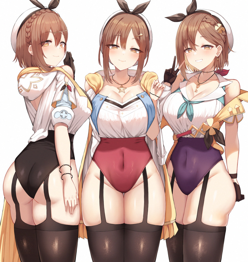 1girl absurdres adapted_costume ass atelier_(series) atelier_ryza atelier_ryza_1 atelier_ryza_2 atelier_ryza_3 black_garter_straps black_shorts black_thighhighs breasts brown_eyes brown_hair cleavage covered_navel garter_straps gloves hat highleg_shorts highres jacket jewelry key key_necklace large_breasts looking_at_viewer multiple_views necklace purple_shorts red_shorts reisalin_stout shirt shirt_tucked_in short_hair shorts sidelocks single_glove smile star_(symbol) star_necklace thighhighs v white_background white_hat white_shirt yamato_(muchuu_paradigm) yellow_jacket