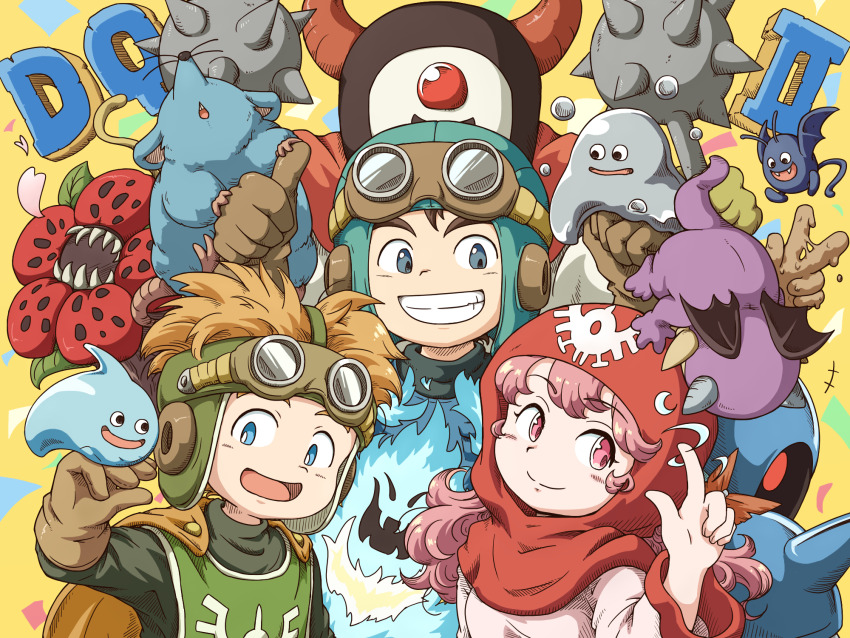 1girl 2boys 4ma4ma5ma 6+others anniversary black_bodysuit blue_eyes blue_hat blue_tunic bodysuit brown_gloves brown_hair cape commentary_request confetti copyright_name cousins creature_request curly_hair dracky dragon_quest dragon_quest_ii frostburn_(dragon_quest) gloves goggles goggles_on_headwear green_tabard gremlin_(dragon_quest) grin hat highres horns index_finger_raised killer_machine_(dragon_quest) liquid_metal_slime_(dq) long_hair looking_at_another looking_to_the_side mace multiple_boys multiple_others orange_cape orange_hair pink_eyes pink_hair pink_hood prince_of_lorasia prince_of_samantoria princess_of_moonbrook red_horns robe sharp_teeth short_hair slime_(dragon_quest) smile spiked_hair spiked_mace spikes tabard teeth thumbs_up tunic v weapon white_robe wrecktor yellow_background