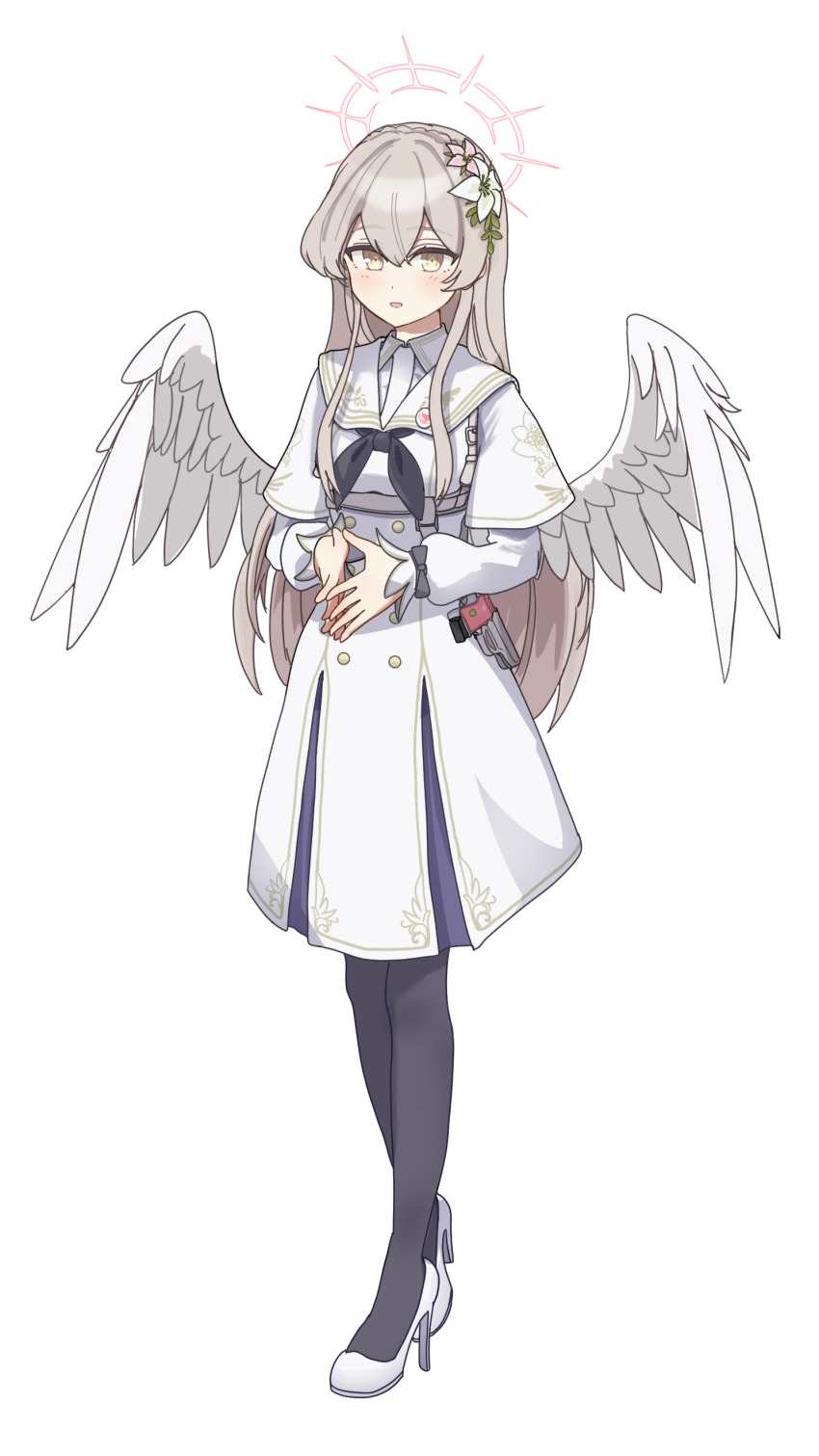 1girl absurdres angel_wings black_neckerchief black_pantyhose blonde_hair blue_archive buttons commentary feathered_wings full_body gatling_gun halo high_heels highres long_hair minigun nagisa_(blue_archive) neckerchief open_mouth pantyhose pink_halo simple_background smile solo wang_jian_guo white_background white_wings wings yellow_eyes