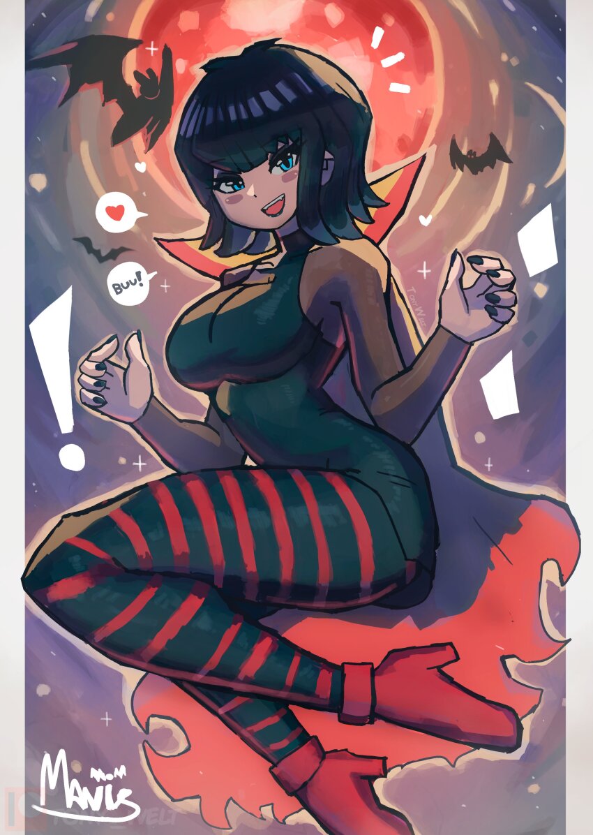 1girl absurdres animification bat_(animal) black_dress black_hair black_lips black_nails blue_eyes breasts bridal_gauntlets cape commentary dress fangs fishnet_bridal_gauntlets fishnet_sleeves fishnets gloves goth_fashion high_heels highres hotel_transylvania lipstick looking_at_viewer makeup mavis_dracula medium_breasts open_mouth pantyhose red_cape red_shoes see-through_clothes see-through_sleeves sheer_gloves shoes short_hair smile solo speech_bubble striped_clothes striped_leggings striped_pantyhose striped_thighhighs symbol-only_commentary thighhighs tony_welt vampire vampire_costume