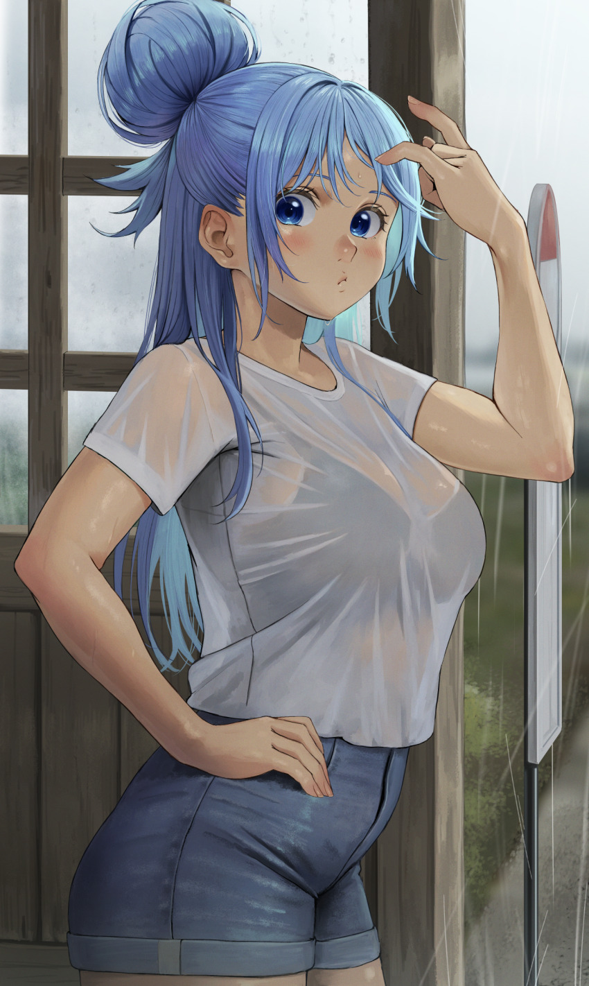 1girl alternate_costume aqua_(konosuba) blue_eyes blue_hair blush bra_visible_through_clothes breasts bus_stop casual contemporary denim denim_shorts hair_bun highres huge_hair_bun izawa_(bhive003) kono_subarashii_sekai_ni_shukufuku_wo! looking_at_viewer medium_breasts outdoors shirt short_sleeves shorts single_hair_bun solo wet wet_clothes wet_shirt white_shirt