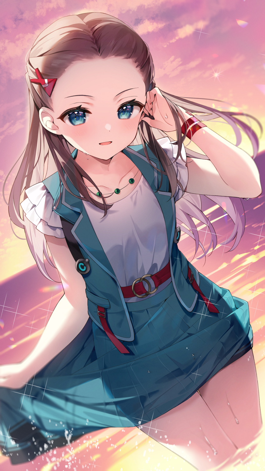 1girl adjusting_hair belt blue_eyes blue_skirt blue_vest brown_hair collarbone dutch_angle frilled_sleeves frills hair_ornament hairpin heaven_burns_red highres jewelry long_hair looking_at_viewer necklace official_art ooshima_niina outdoors parted_lips red_belt shallow_water shirt short_sleeves skirt skirt_hold solo suimya upper_body vest wading water white_shirt