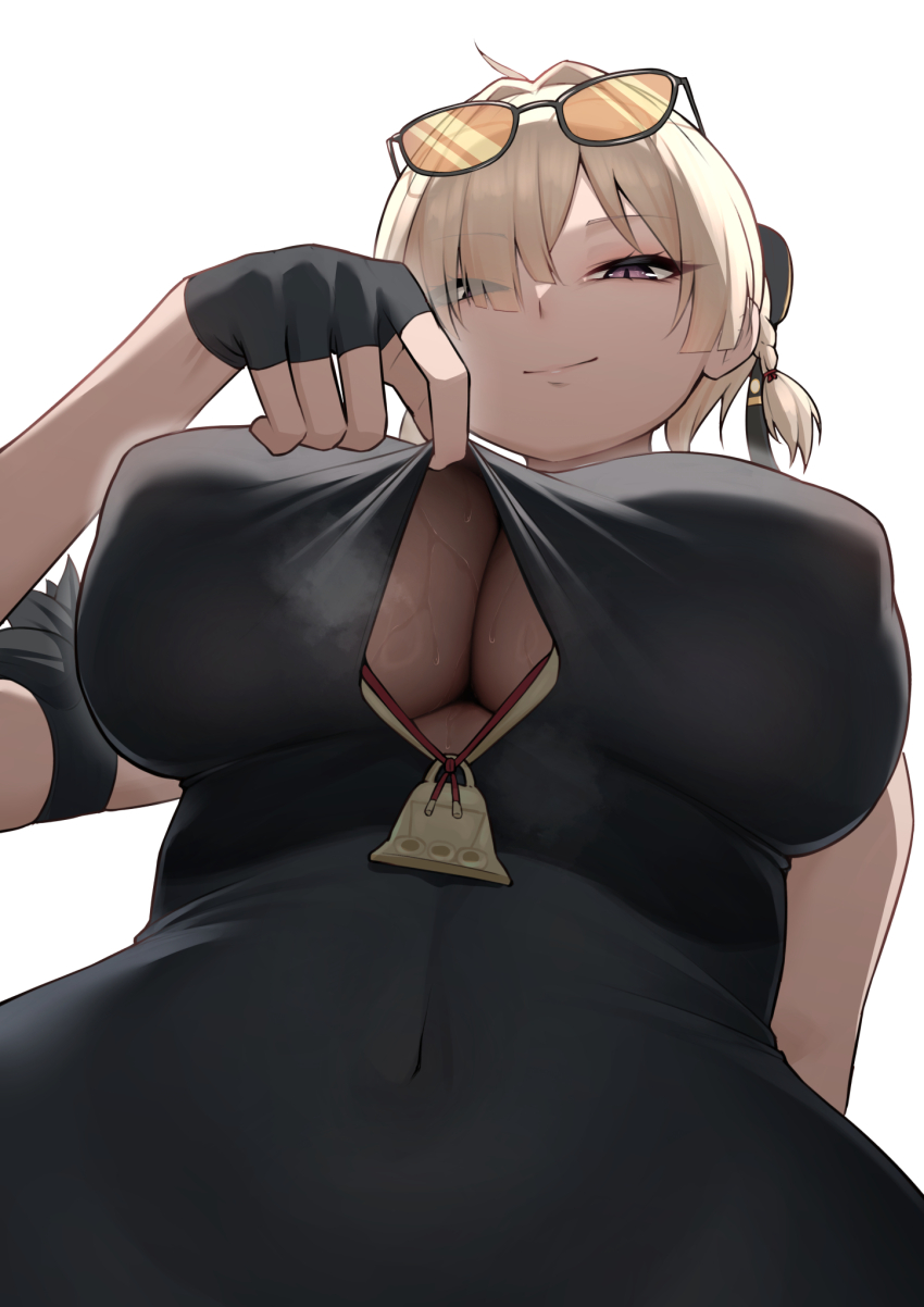 1girl black_dress black_gloves blonde_hair breasts china_dress chinese_clothes clothing_cutout dress eyewear_on_head fingerless_gloves gloves hair_over_one_eye highres large_breasts looking_at_viewer mikage_77777 orange-tinted_eyewear purple_eyes simple_background solo sunglasses sweety_(zenless_zone_zero) tinted_eyewear white_background zenless_zone_zero