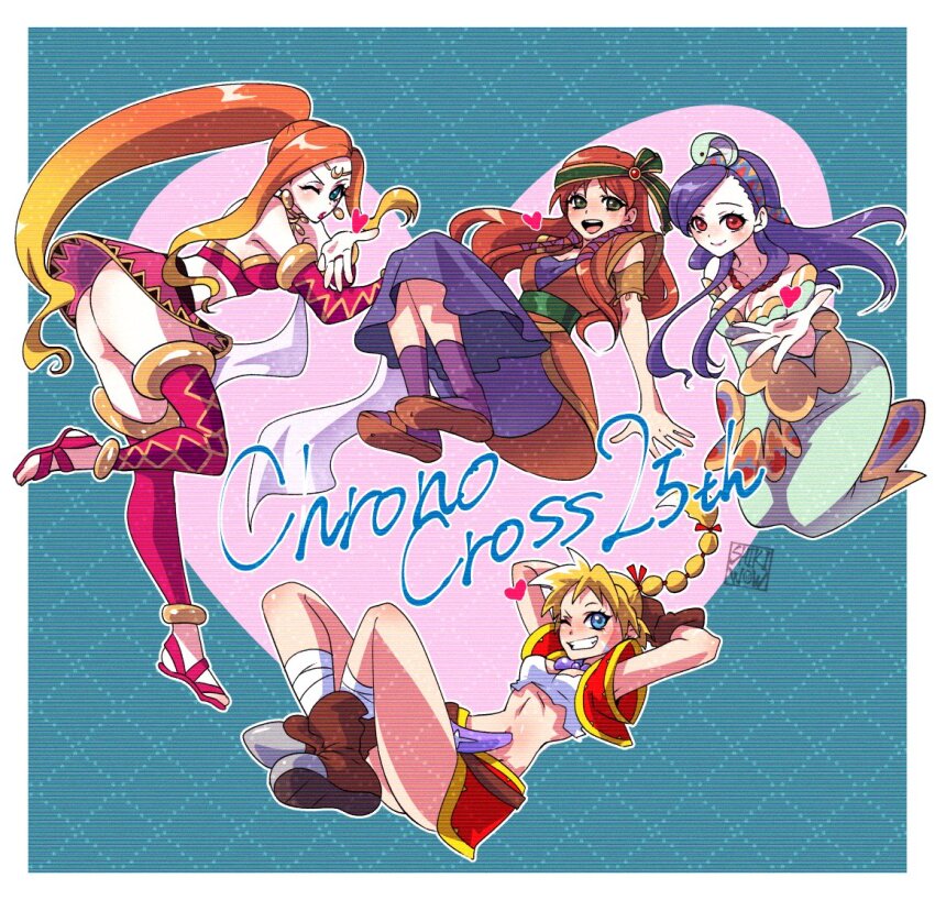 4girls aqua_background armlet arms_behind_head ass bandaged_leg bandages bare_shoulders bead_necklace beads belt blonde_hair blowing_kiss blue_eyes boots border breasts brown_belt brown_footwear brown_gloves brown_hair choker chrono_cross circlet closed_mouth crescent crop_top cropped_jacket dagger detached_sleeves dress earrings floating full_body gloves gold_earrings gold_trim green_dress green_eyes green_hairband grin hair_ornament hair_ribbon hairband jacket jewelry kid_(chrono_cross) knife leena_(chrono_cross) light_blush long_dress long_hair medium_breasts midriff miki_(chrono_cross) miniskirt multi-tied_hair multiple_girls necklace necktie off-shoulder_dress off_shoulder one_eye_closed open_mouth orange_hair orange_tunic outstretched_hand parted_bangs ponytail purple_choker purple_dress purple_hair purple_ribbon purple_socks red_eyes red_jacket red_ribbon red_skirt red_thighhighs ribbon riddel_(chrono_cross) sandals see-through_clothes see-through_skirt sheath shikiwo shirt short_sleeves sidelocks signature skirt smile snake_hair_ornament socks swept_bangs teeth thighhighs toeless_footwear tunic weapon white_border white_shirt yellow_necktie