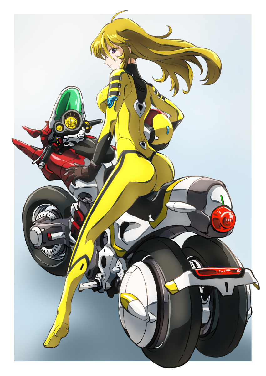 1girl ass blonde_hair bodysuit breasts brown_eyes brown_hair helmet highres holding holding_helmet large_breasts long_hair looking_at_viewer military military_uniform mori_yuki motor_vehicle motorcycle motorcycle_helmet on_motorcycle smile solo taiga_hiroyuki uchuu_senkan_yamato uchuu_senkan_yamato_2199 unworn_headwear unworn_helmet yellow_bodysuit
