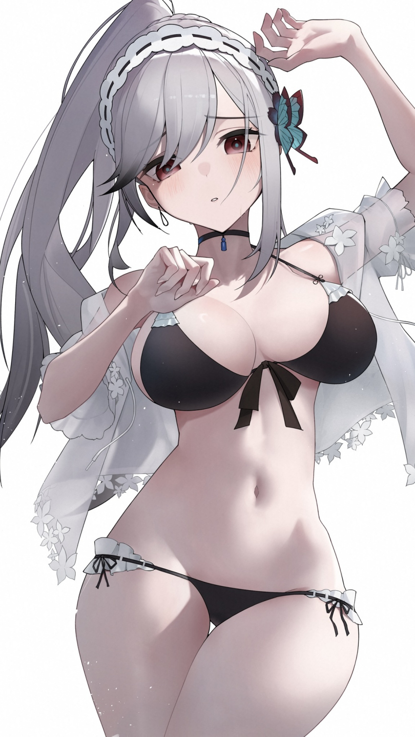 1girl arm_up azur_lane bare_shoulders bikini black_choker breasts butterfly_hair_ornament choker cowboy_shot dunkerque_(azur_lane) dunkerque_(summer_sucre)_(azur_lane) front-tie_bikini_top front-tie_top grey_hair hair_ornament hairband highres large_breasts long_hair looking_at_viewer navel official_alternate_costume ponytail purple_bikini red_eyes shian-chu simple_background solo stomach swept_bangs swimsuit white_background white_hairband