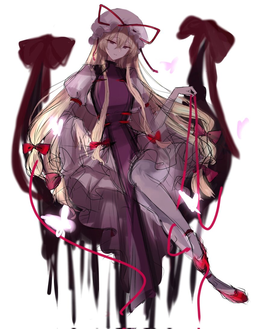 1girl blonde_hair corrupted_twitter_file dress elbow_gloves gap_(touhou) gloves hair_ribbon hat highres long_hair mob_cap purple_eyes purple_tabard red_footwear red_ribbon ribbon t03p0iungjj1krn tabard thighhighs touhou white_thighhighs yakumo_yukari