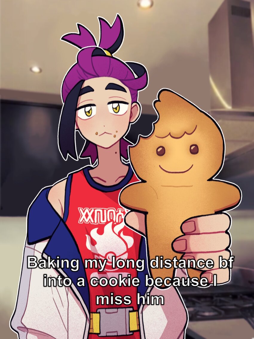 1boy :&lt; baking_my_long_distance_bf_into_a_cookie_because_i_miss_him_(meme) black_hair blurry blurry_background closed_mouth collarbone commentary cookie english_text food food_on_face highres holding holding_food jacket kieran_(pokemon) looking_at_viewer male_focus meme multicolored_hair nintendo off_shoulder outline pokemon pokemon_sv purple_hair red_shirt shirt sleeveless sleeveless_shirt submashell two-tone_hair white_jacket yellow_eyes