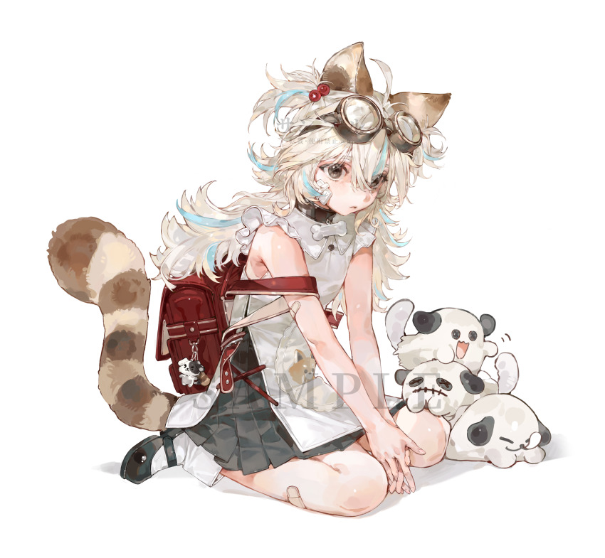1girl absurdres ahoge animal animal_collar animal_ear_fluff animal_ears backpack bag baifeidaiwang bandaid bandaid_on_leg bare_shoulders between_legs black_collar black_shoes black_skirt blonde_hair blue_hair brown_eyes cartoon_bone collar collared_shirt commission dog full_body gauze gauze_on_cheek goggles goggles_on_head hair_between_eyes hair_bobbles hair_ornament hand_between_legs highres long_hair looking_at_viewer multicolored_hair original pleated_skirt randoseru red_bag red_panda_ears red_panda_girl red_panda_tail sample_watermark shirt shoes simple_background sitting skirt sleeping socks solo strap_slip streaked_hair striped_tail tail two_side_up wariza watermark white_background white_shirt white_socks