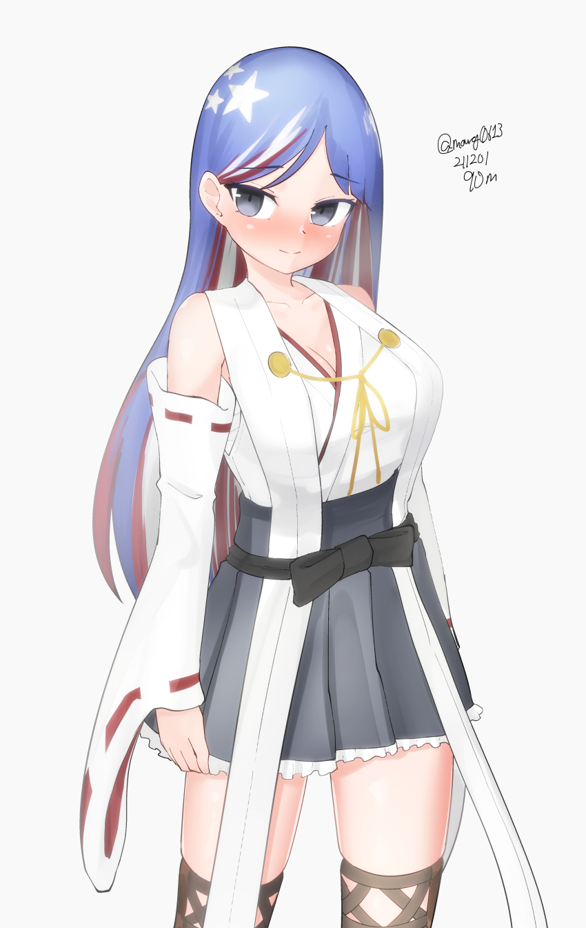 1girl absurdres black_skirt blue_hair boots breasts cosplay dated detached_sleeves highres japanese_clothes kantai_collection kirishima_(kancolle) kirishima_(kancolle)_(cosplay) large_breasts long_hair maru_(marg0613) multicolored_hair pleated_skirt red_hair ribbon-trimmed_sleeves ribbon_trim simple_background skirt solo south_dakota_(kancolle) star_(symbol) thigh_boots thighhighs twitter_username white_background white_hair