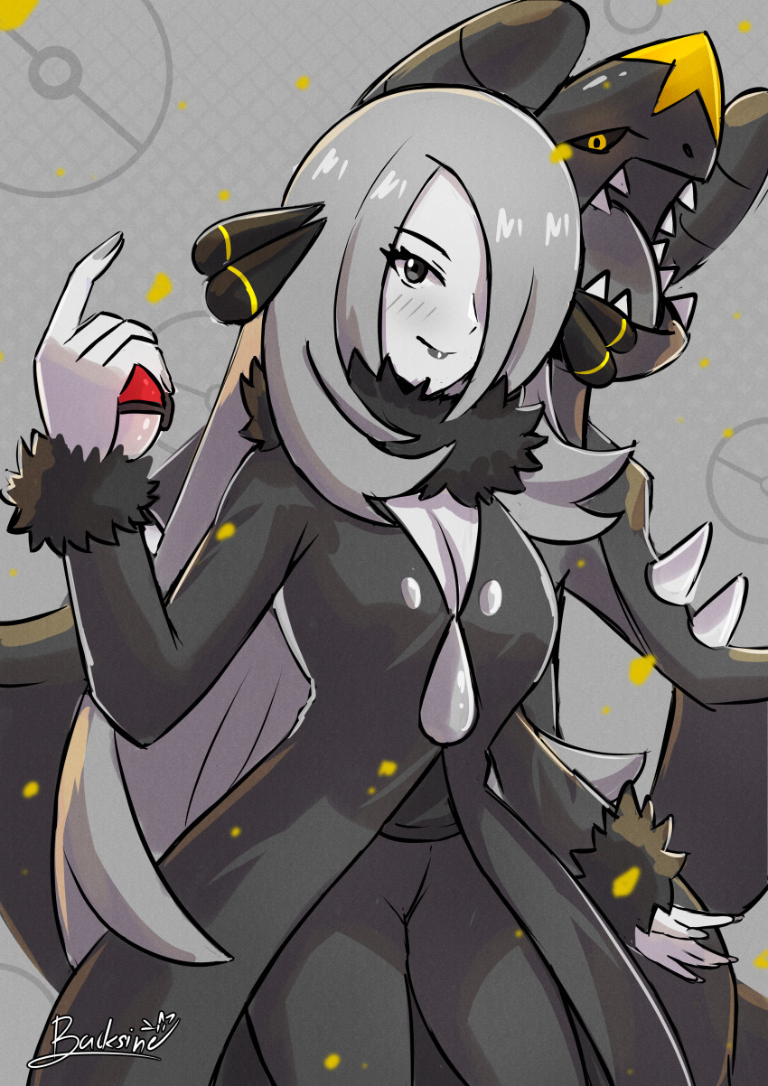 1girl absurdres backsine breasts cleavage closed_mouth coat commentary_request cynthia_(pokemon) eyelashes fur-trimmed_coat fur_collar fur_trim garchomp gen_4_pokemon grey_background hair_ornament hair_over_one_eye highres holding holding_poke_ball light_blush long_sleeves nail_polish nintendo pants poke_ball poke_ball_(basic) poke_ball_symbol pokemon pokemon_(creature) pokemon_dppt shirt spot_color