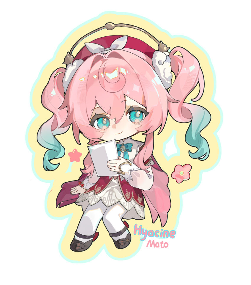 1girl absurdres brown_shoes character_name chibi chibi_only closed_mouth double-parted_bangs dress full_body gradient_hair green_eyes green_hair hair_between_eyes hat heiyi_mataozi highres holding holding_paper honkai:_star_rail honkai_(series) hyacine_(honkai:_star_rail) long_hair long_sleeves looking_at_viewer multicolored_hair outline pantyhose paper pink_hair red_dress red_hat shoes smile solo twintails white_pantyhose yellow_outline