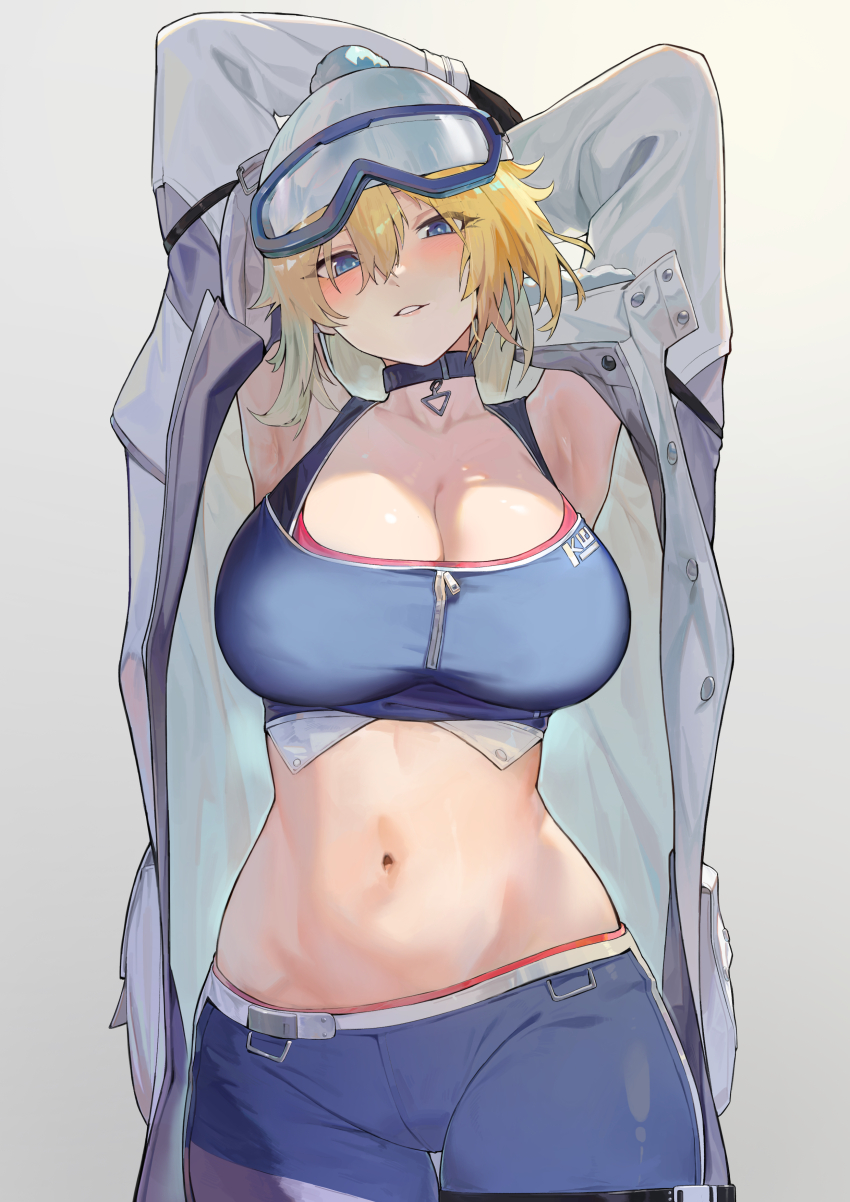 1girl absurdres armpits arms_up beanie black_choker blonde_hair blue_hair blush breasts chadlink chinese_commentary choker cleavage coat commentary commentary_request commission english_commentary girls&#039;_frontline girls&#039;_frontline_2:_exilium goggles goggles_on_head hat highres large_breasts looking_at_viewer mixed-language_commentary mosin-nagant_(girls&#039;_frontline) mosin-nagant_(girls&#039;_frontline_2) navel official_alternate_costume open_clothes open_coat parted_lips pom_pom_(clothes) pom_pom_beanie second-party_source simple_background solo stomach white_background white_coat white_hat