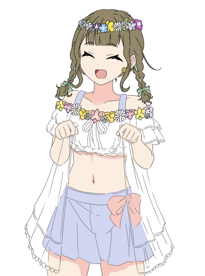 1girl :d ^_^ bikini bikini_skirt blue_bikini blue_flower braid brown_hair center-flap_bangs clenched_hands closed_eyes collarbone commentary_request cowboy_shot facing_viewer flower flower_bikini flower_wreath frilled_bikini frills grey_flower head_wreath her-bath-rium highres kachimachi_kosuzu link!_like!_love_live! llkapital long_hair love_live! mismatched_bikini navel off-shoulder_bikini off_shoulder official_alternate_costume open_mouth pink_flower purple_flower ribbon_braid simple_background smile solo stomach swimsuit twin_braids virtual_youtuber white_background white_bikini white_flower yellow_flower