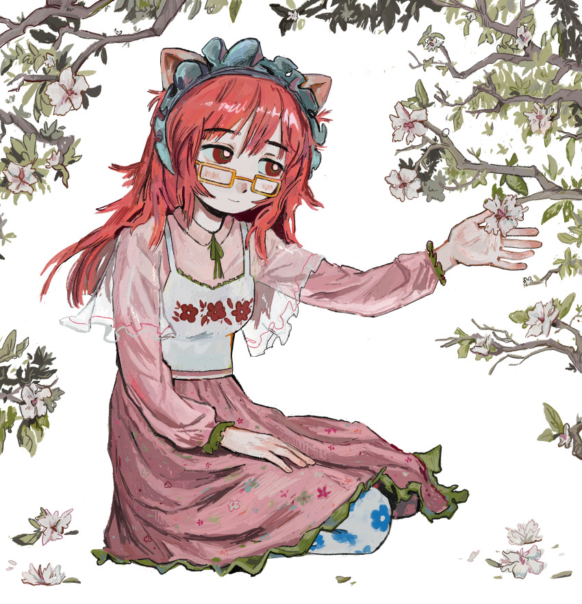 1girl absurdres animal_ears dress elfen_lied fffkorobka floral_print flower frilled_headwear highres lucy_(elfen_lied) pink_dress pink_hair red_eyes seiza sitting solo white_background white_flower yellow-framed_eyewear