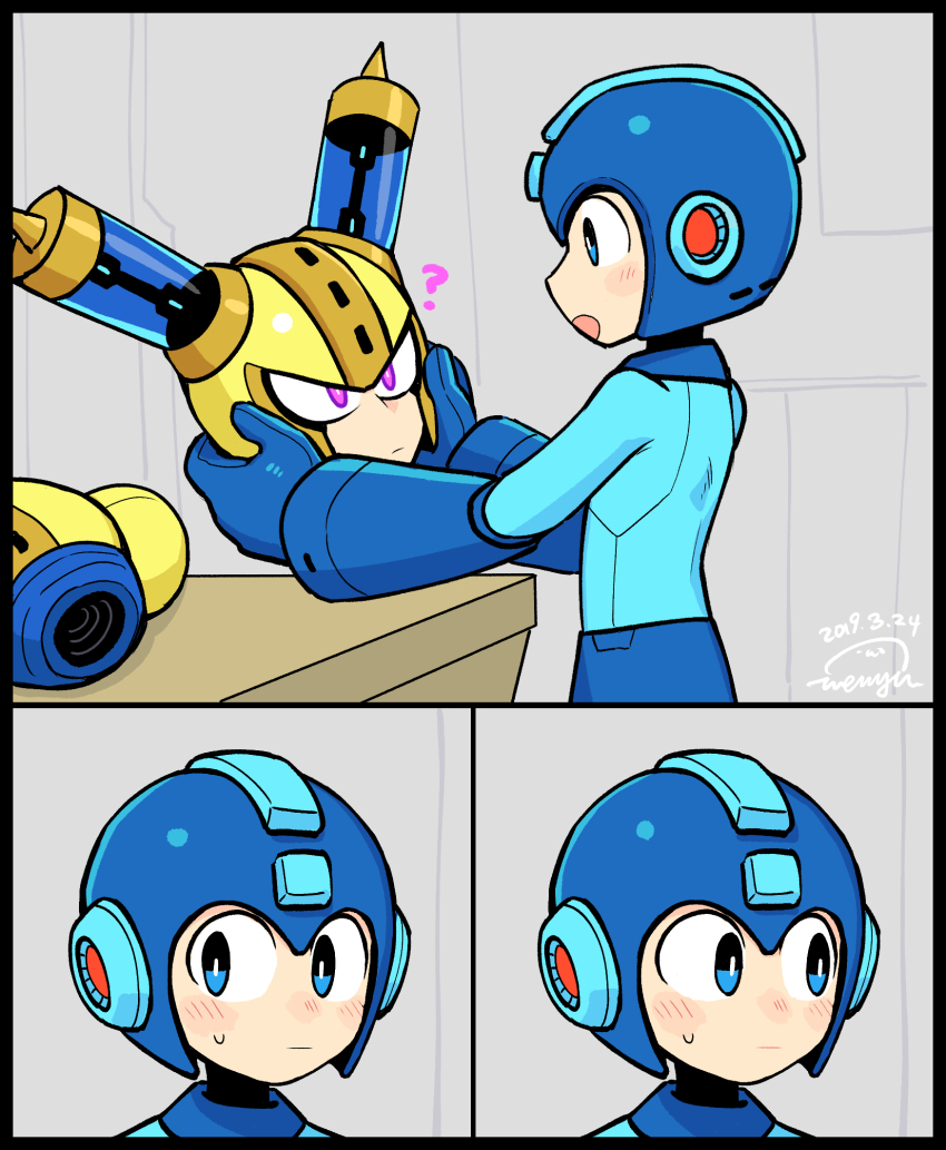 2boys ? android armor blue_armor blue_bodysuit blue_eyes blue_headwear blush bodysuit breastplate carrying carrying_over_shoulder carrying_person comic commentary_request fuse fuse_man gloves head_only helmet highres holding_detached_head joints looking_at_another looking_to_the_side male_focus mega_man_(character) mega_man_(classic) mega_man_(series) mega_man_11 multiple_boys multiple_views purple_eyes robot robot_ears robot_joints sweatdrop vambraces wenyu white_gloves yellow_armor yellow_headwear